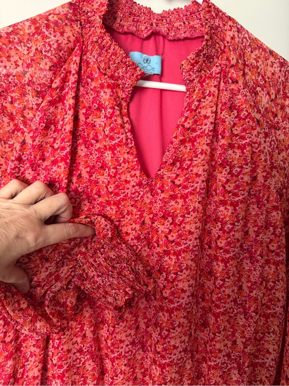CeCe Pink Multi Floral Smocked-Hem V-Neck Blouse - Picture 3 of 4